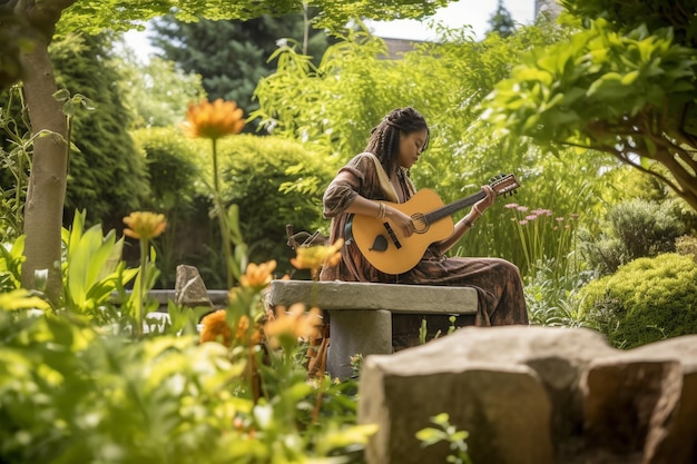 Uma pessoa tocando um instrumento musical em um jardim tranquilo saúde mental