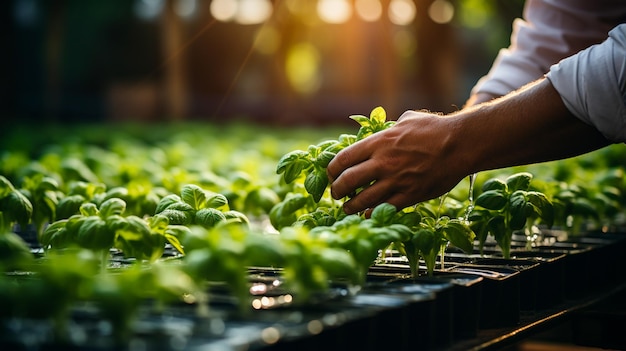 Foto uma pessoa tocando uma planta em uma estufa