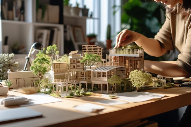 Uma pessoa trabalha com a casa modelo no escritório no estilo arquitetônico com Generative AI