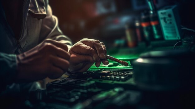 Uma pessoa trabalhando em um computador com um cigarro na mão.