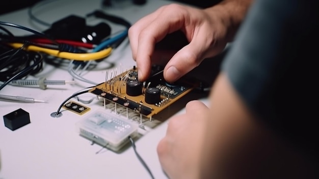 Uma pessoa trabalhando em um computador com uma placa de circuito ao fundo