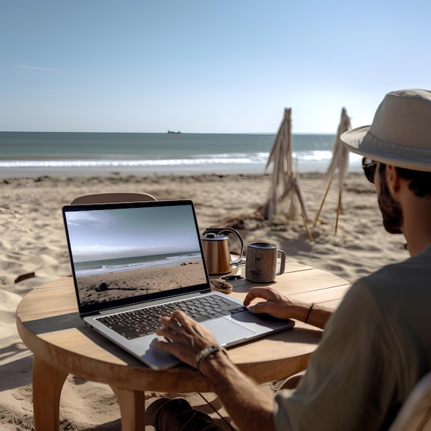 Uma pessoa trabalhando na praia olhando para a tela do laptop