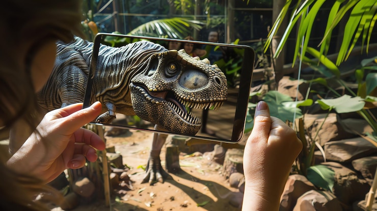 Foto uma pessoa usa um tablet para tirar uma foto de um dinossauro em um cenário ao ar livre