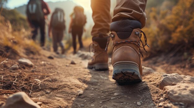 Uma pessoa usando botas de caminhada está caminhando por um caminho na floresta