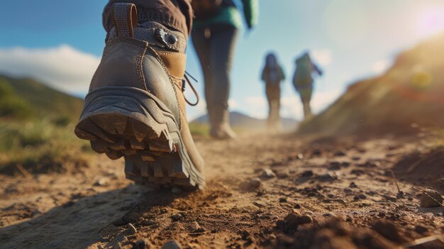 Uma pessoa usando botas de caminhada está caminhando por um caminho na floresta