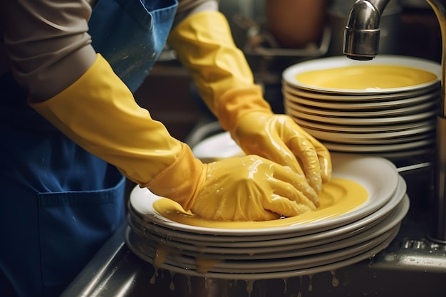 Uma pessoa usando luvas de borracha está lavando pratos em uma cozinha.