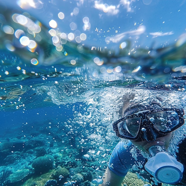 Foto uma pessoa usando óculos de proteção nada sob uma superfície de água azul