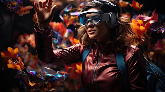 Uma pessoa usando óculos de realidade aumentada e interagindo com o mundo da arte 3D