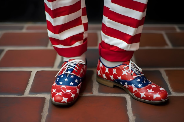 Uma pessoa usando sapatos listrados de vermelho, branco e azul com as estrelas neles.