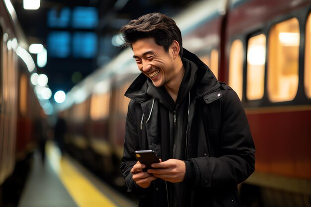 Uma pessoa usando smartphone na estação de trem