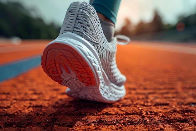 Uma pessoa usando tênis de corrida em pé na pista vermelha