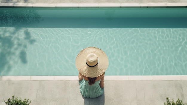 Uma pessoa usando um chapéu de palha sentada ao lado de uma piscina