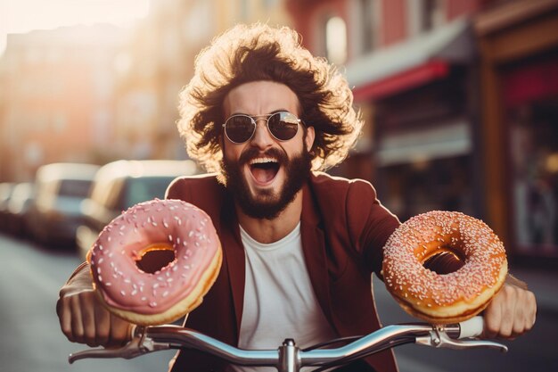 Uma pessoa usando um donut como um disco em um jogo de hóquei de rua