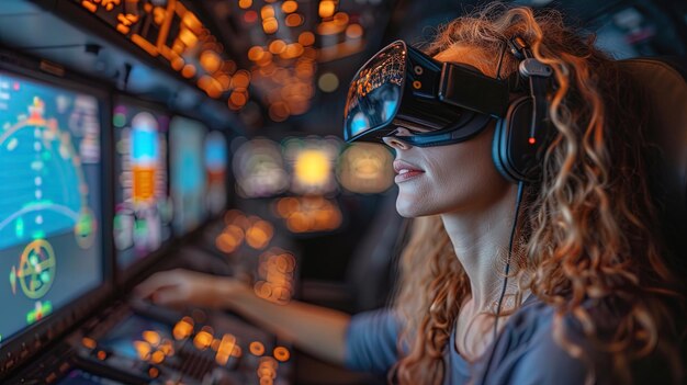 Uma pessoa usando um fone de ouvido de realidade virtual e sentada em um cockpit pilotando uma aeronave virtual t