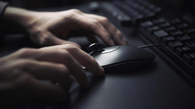 Uma pessoa usando um mouse com a palavra computador no canto inferior direito.