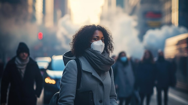 Uma pessoa usando uma máscara de rosto navegando através de uma espessa nuvem de poluição em uma cidade congestionada
