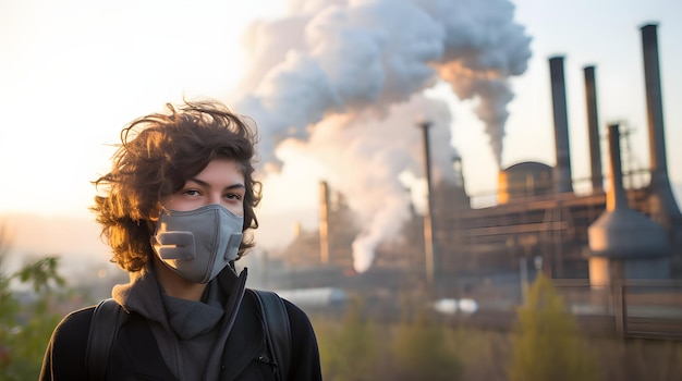 Foto uma pessoa usando uma máscara devido à má qualidade do ar em meio a um fundo de fumaça industrial