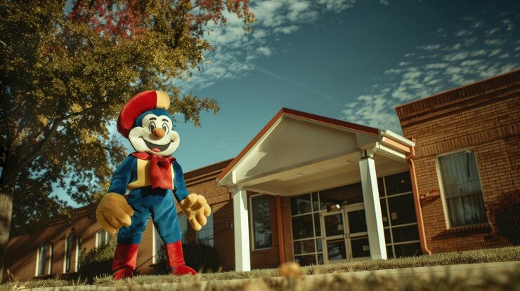 Foto uma pessoa vestida como um símbolo da escola de animais de pelúcia ou mascote em frente a uma escola
