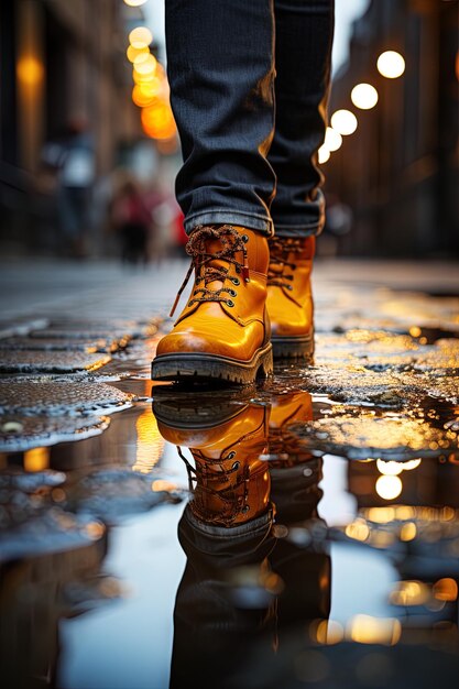 uma pessoa vestindo um par de botas está em uma poça de água