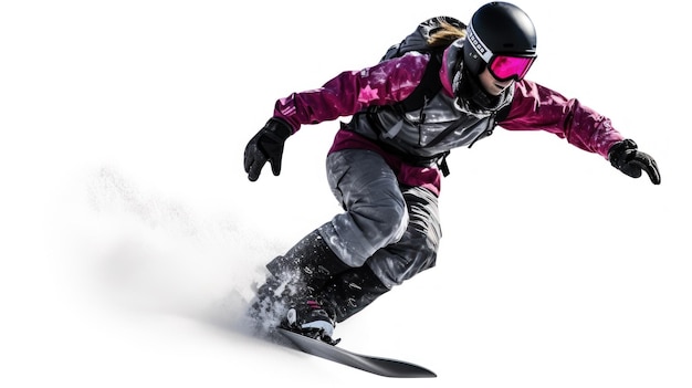 uma pessoa vestindo uma jaqueta rosa e preta e óculos de proteção está esquiando.