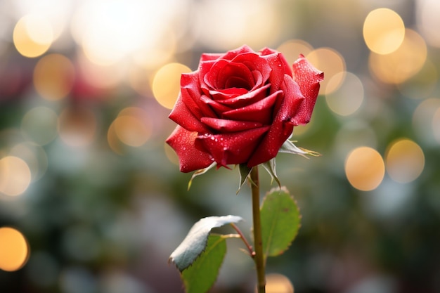 Uma pétala de rosa vermelha focada com bokeh vívido transmitindo o sentimento do Dia dos Namorados