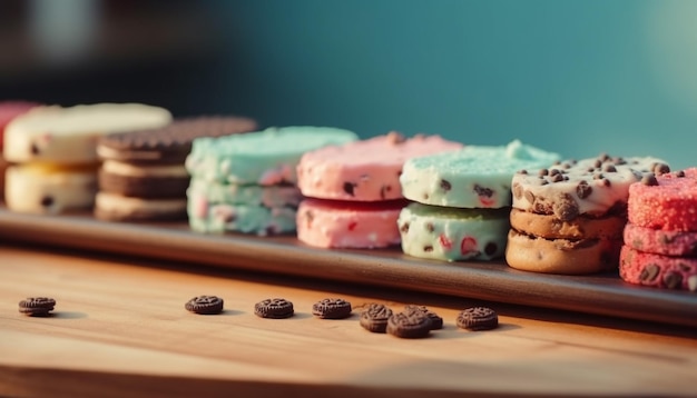 Foto uma pilha colorida de biscoitos gourmet caseiros em mesa de madeira gerada por inteligência artificial