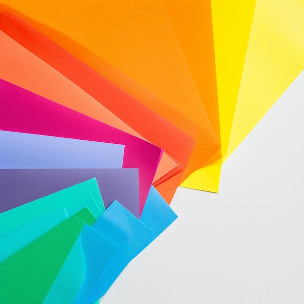 uma pilha colorida de papel com um envelope colorido arco-íris em cima