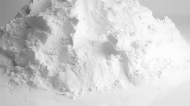Foto uma pilha de açúcar em pó branco é mostrada em uma foto em preto e branco