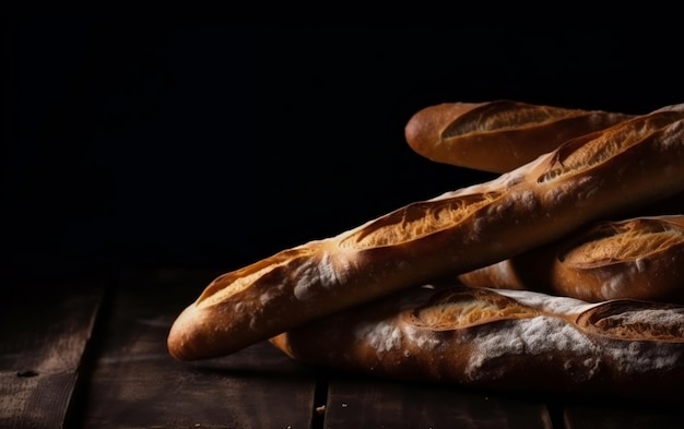 Uma pilha de baguetes em um fundo escuro.