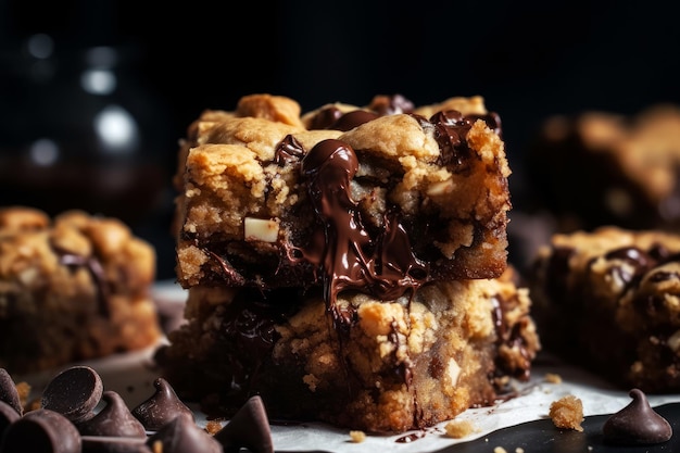 Uma pilha de barras de aveia com manteiga de amendoim com cobertura de chocolate por cima.