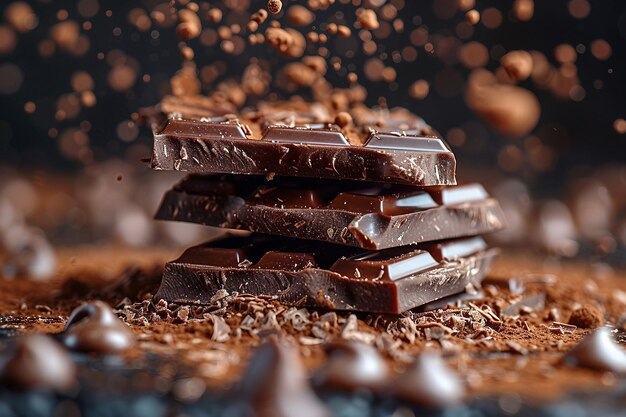 Uma pilha de barras de chocolate com gotas de chocolate no topo