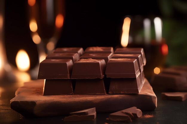 Uma pilha de barras de chocolate em uma mesa com uma taça de champanhe atrás dela.