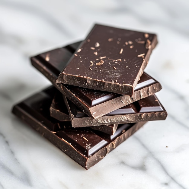 Uma pilha de barras de chocolate escuro em uma superfície de mármore