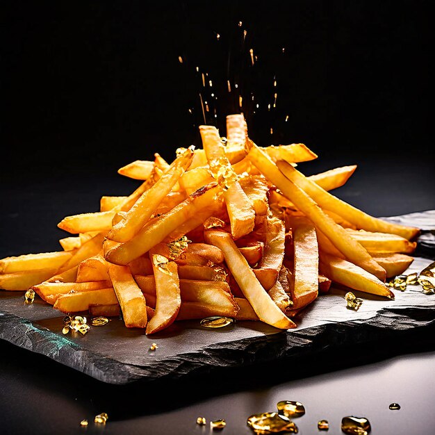 Foto uma pilha de batatas fritas e uma faca em uma superfície preta