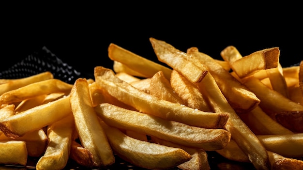 Uma pilha de batatas fritas em um fundo preto