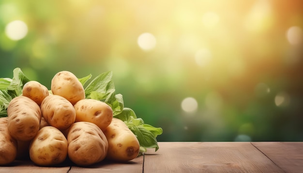 Uma pilha de batatas numa mesa de madeira