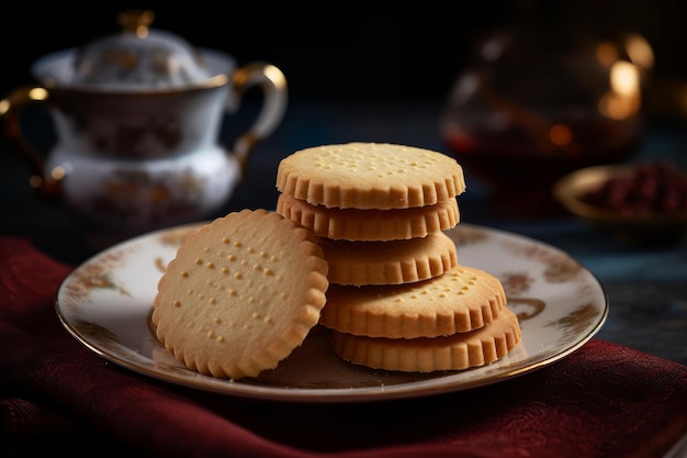 Uma pilha de biscoitos amanteigados em um prato com uma xícara de chá ao fundo.