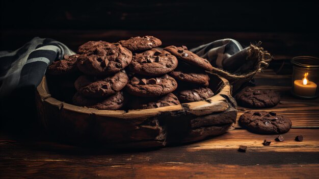 Uma pilha de biscoitos chunky em uma mesa de madeira rústica