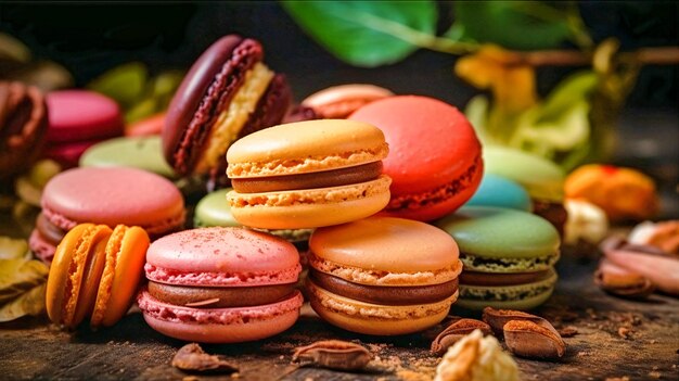 Foto uma pilha de biscoitos coloridos em uma mesa de madeira