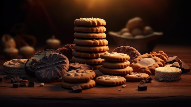 Uma pilha de biscoitos com chocolates em cima da mesa