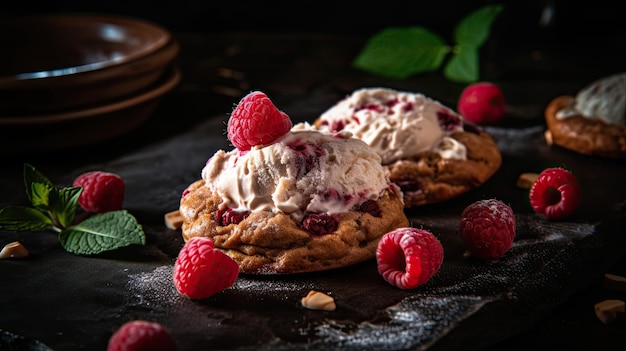 Uma pilha de biscoitos com framboesas no topo