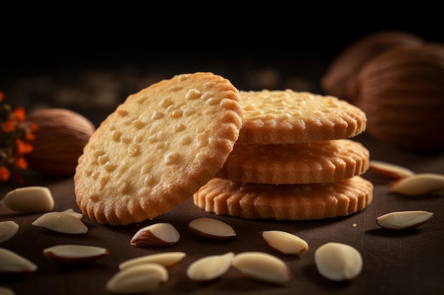 Uma pilha de biscoitos de amêndoa com amêndoas em um fundo escuro.