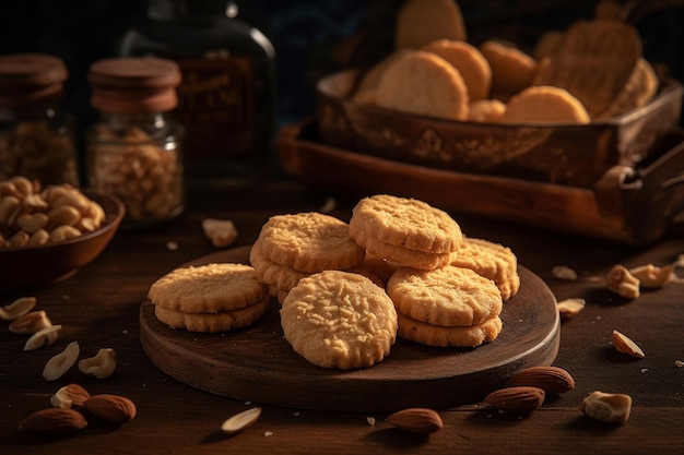 Uma pilha de biscoitos de amêndoa em uma mesa de madeira com uma tigela de amêndoas ao fundo.