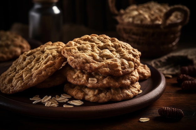 Uma pilha de biscoitos de aveia em um prato com uma cesta de aveia ao fundo.