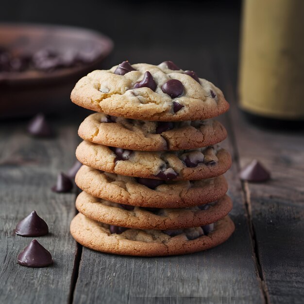 Uma pilha de biscoitos de chocolate caseiros em uma mesa de madeira gerada digitalmente para posts nas redes sociais