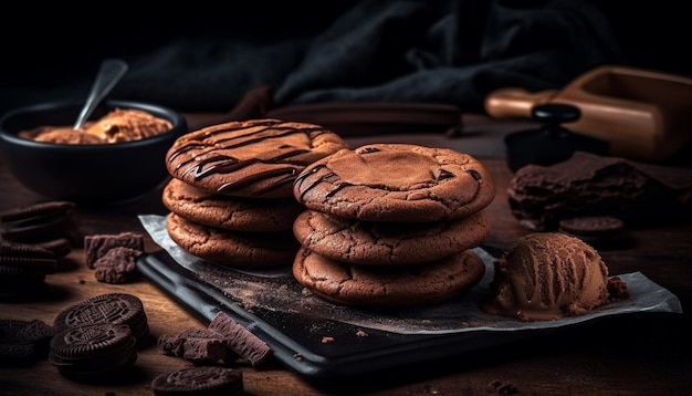 Uma pilha de biscoitos de chocolate caseiros em uma mesa rústica gerada por inteligência artificial