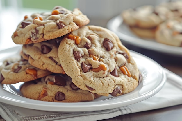 Uma pilha de biscoitos de chocolate caseiros frescos com chips derretidos perfeitos para sobremesa ou um deleite doce