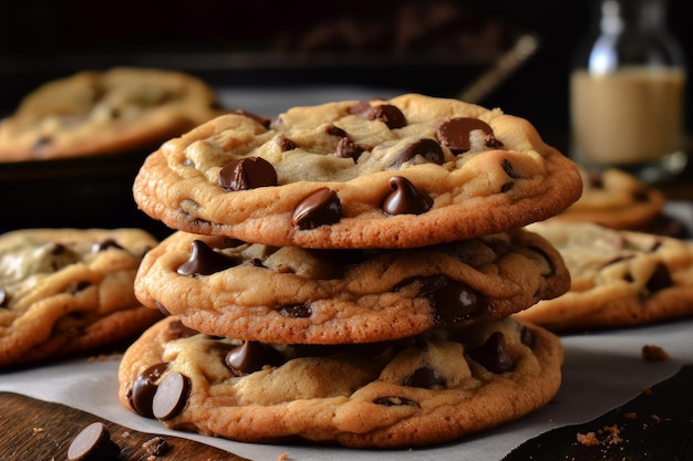 Uma pilha de biscoitos de chocolate com um copo de cerveja atrás deles.