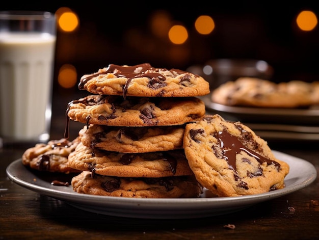 Uma pilha de biscoitos de chocolate com um copo de leite ao fundo.