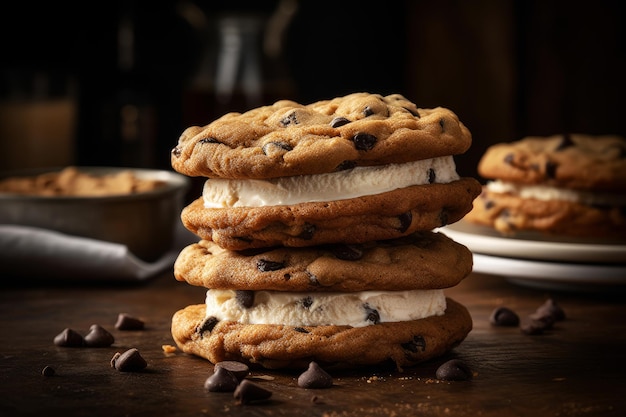 Uma pilha de biscoitos de chocolate com uma xícara de café ao fundo